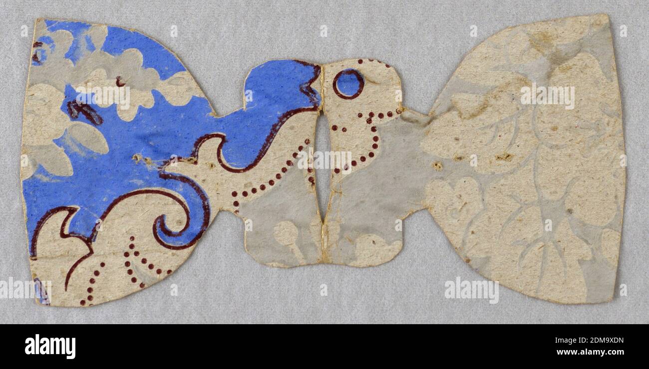 Sidewall, Machine-printed paper, Group of four wallpaper fragments, each cut in the shape of a doll dress. Were among the toys of Willie Banning who died at age 4 in 1864. Papers appear to date from early 1860s; in shades of blue, brown and gray., USA, 1860–64, Wallcoverings, Sidewall Stock Photo