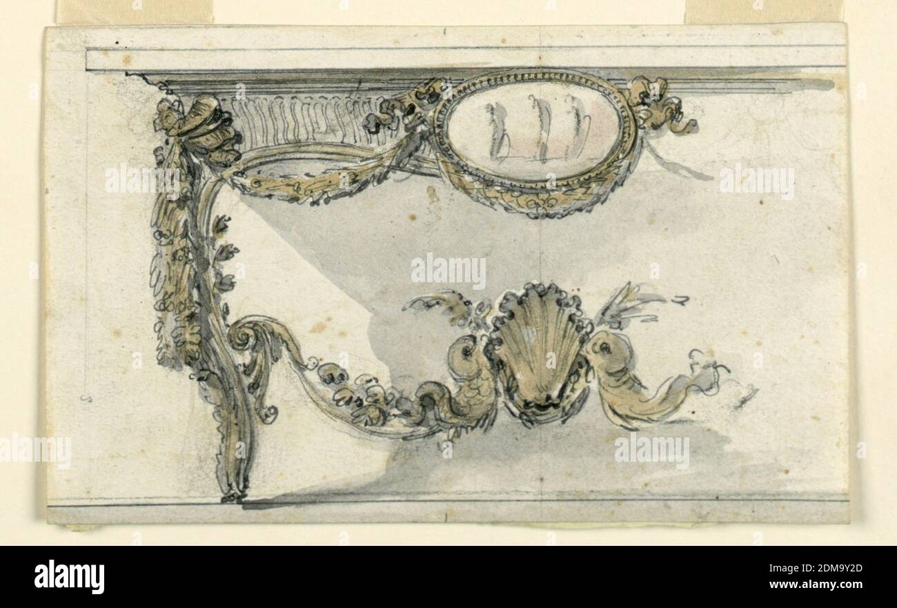 Design for a Console Table, Giuseppe Barberi, Italian, 1746–1809, Brush and grey, brown, and rose watercolor, pen and gray and black ink, graphite on paper, with cardstock backing, Drawing showing part of a design for a console table. Design includes a fluted supporting facade, and a central relief with three figures. Relief is framed in warm-hued tones with a botanical festoon below it, which tapers toward the tabletop and then extends out toward the leg, hanging alongside the leg at the outside. The legs are connected below by scrolls ending in dolphins which support a shell at center Stock Photo