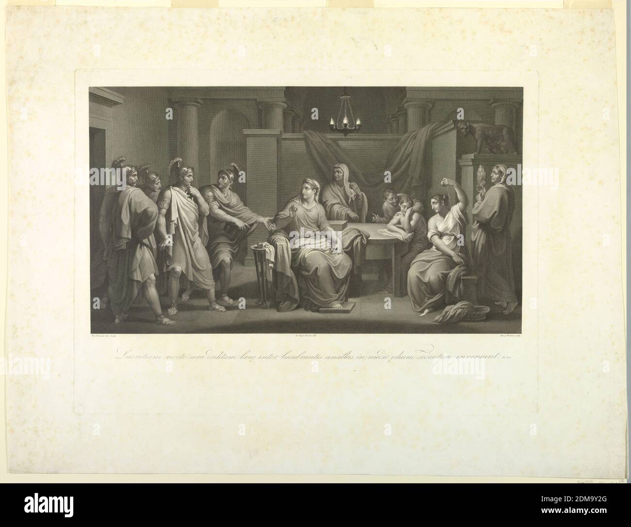 The Accusation of Lucretia, Pietro Fontana, Italian, 1762 - 1837, Vincenzo Camuccini, 1771 - 1844, Giovanni Battista Borani, Engraving on paper, In a classical interior, women are seen at their work, while four soldiers stand before them. The scene shows Hector being told of Lucretia's supposed unfaithfulness., Italy, ca. 1810-1820, Print Stock Photo