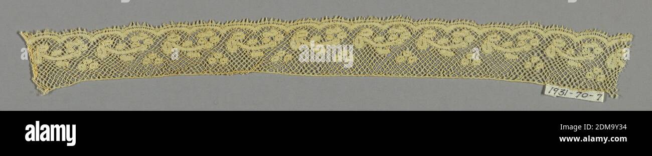 Border, Medium: linen Technique: bobbin lace (late Valenciennes ground), Ground of diamond mesh with horizontally placed sprays and scalloped edge., late 19th century, lace, Border Stock Photo