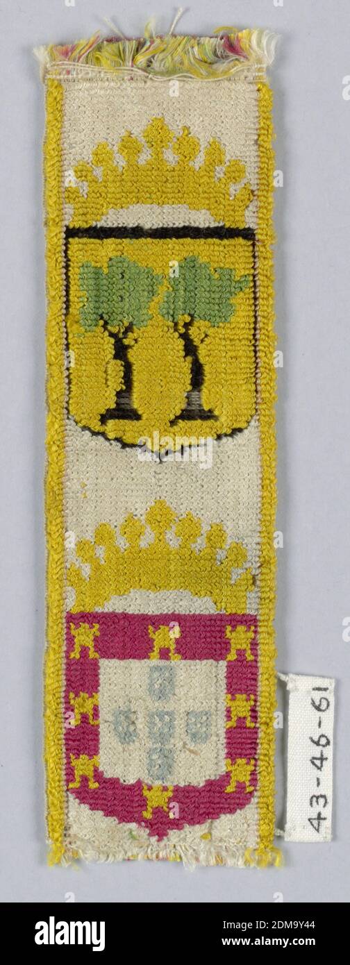 Trimming, White, black, and colored silk in velvet weave., Two shields, each under a crown. One shows two trees (green and black on yellow). The other shows armorial devices in blue within a red band ornamented with red castles., possibly Portugal, early 19th century, trimmings, Trimming Stock Photo