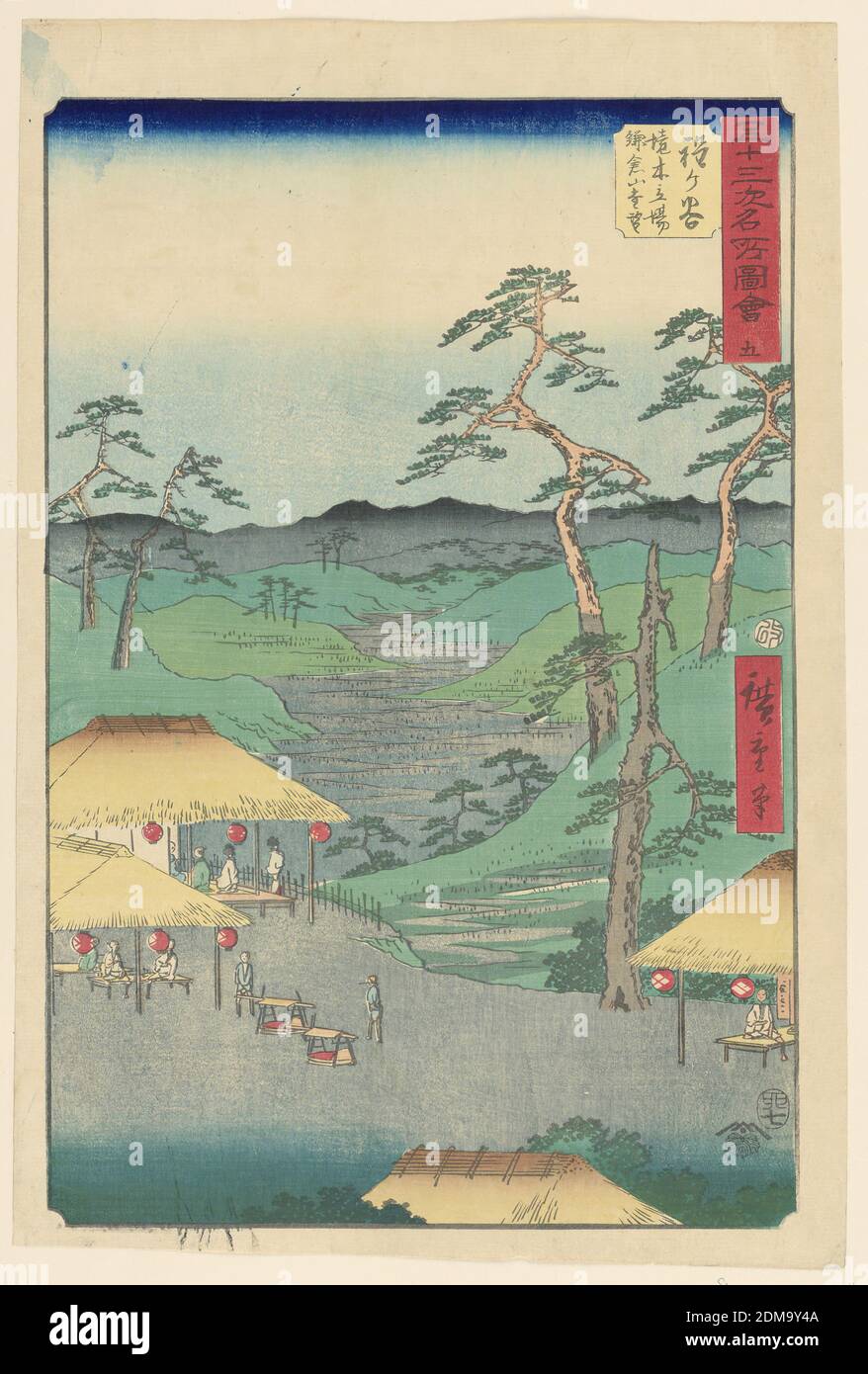 Valley View, Ando Hiroshige, Japanese, 1797–1858, Woodblock print in colored ink on paper, Hiroshige's eye-catching folded valley leads the viewer's eye to meander towards the front of the print. Here we see four partial huts are lit with lanterns. Beneath them, people are resting on benches or standing outside enjoying the day., Japan, 1797-1858, landscapes, Print Stock Photo