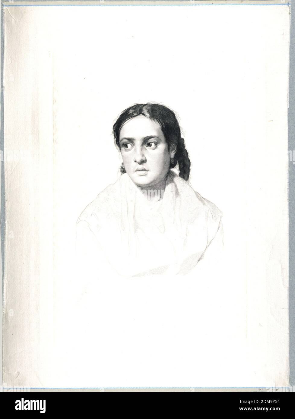 Assunta, Hans Meyer, German, active in Italy, 1846 - 1919, Etching in dark brown ink on white satin, Bust portrait of an Italian peasant girl, seen frontally. She wears her hair long down the back in a pigtail, and looks to the left., Naples, Italy, 1871, Print Stock Photo