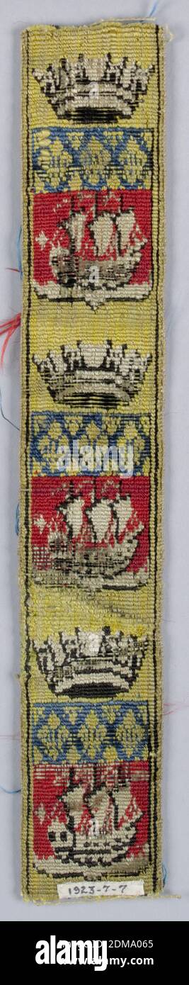 Livery trimming, Medium: silk Technique: velvet, Design of a sailing ship in white and black on a red ground, a band showing three fleur-de-lys in yellow on blue ground, and a crown in black and white on a yellow ground., France, 18th century, trimmings, Livery trimming Stock Photo