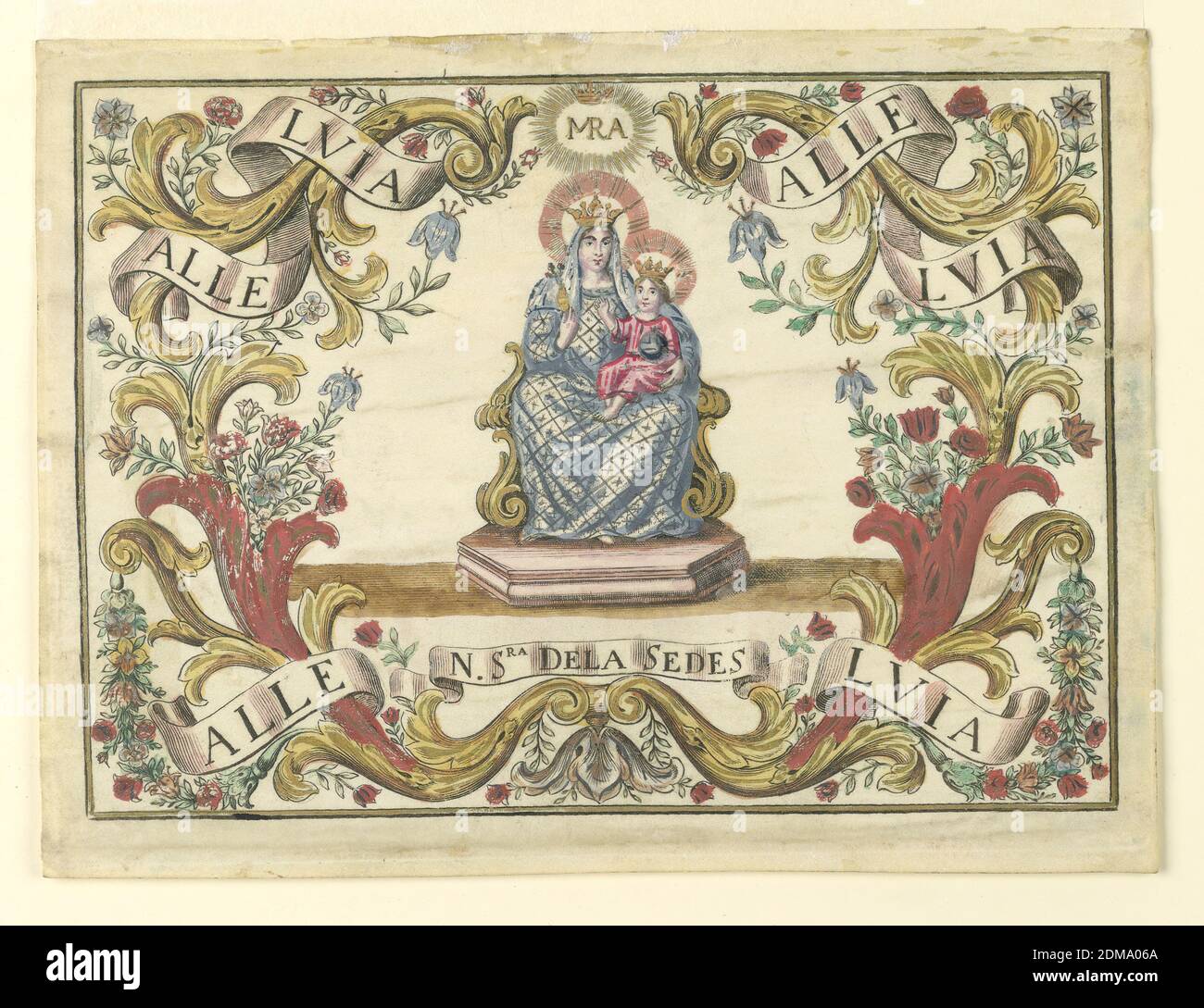 Devotional picture of the Madonna of the Chair, Engraving and brush and watercolor on vellum, Within framing lines and a floral cartouche is the figure of the enthroned Madonna and Child, both wearing gold crowns. Descriptive ribbon, below, reads: “N. Sra Dela Sedes” and ribbon meandering through cartouche reads: “Alla Lvia” three times., Spain, 1750–1770, Print Stock Photo