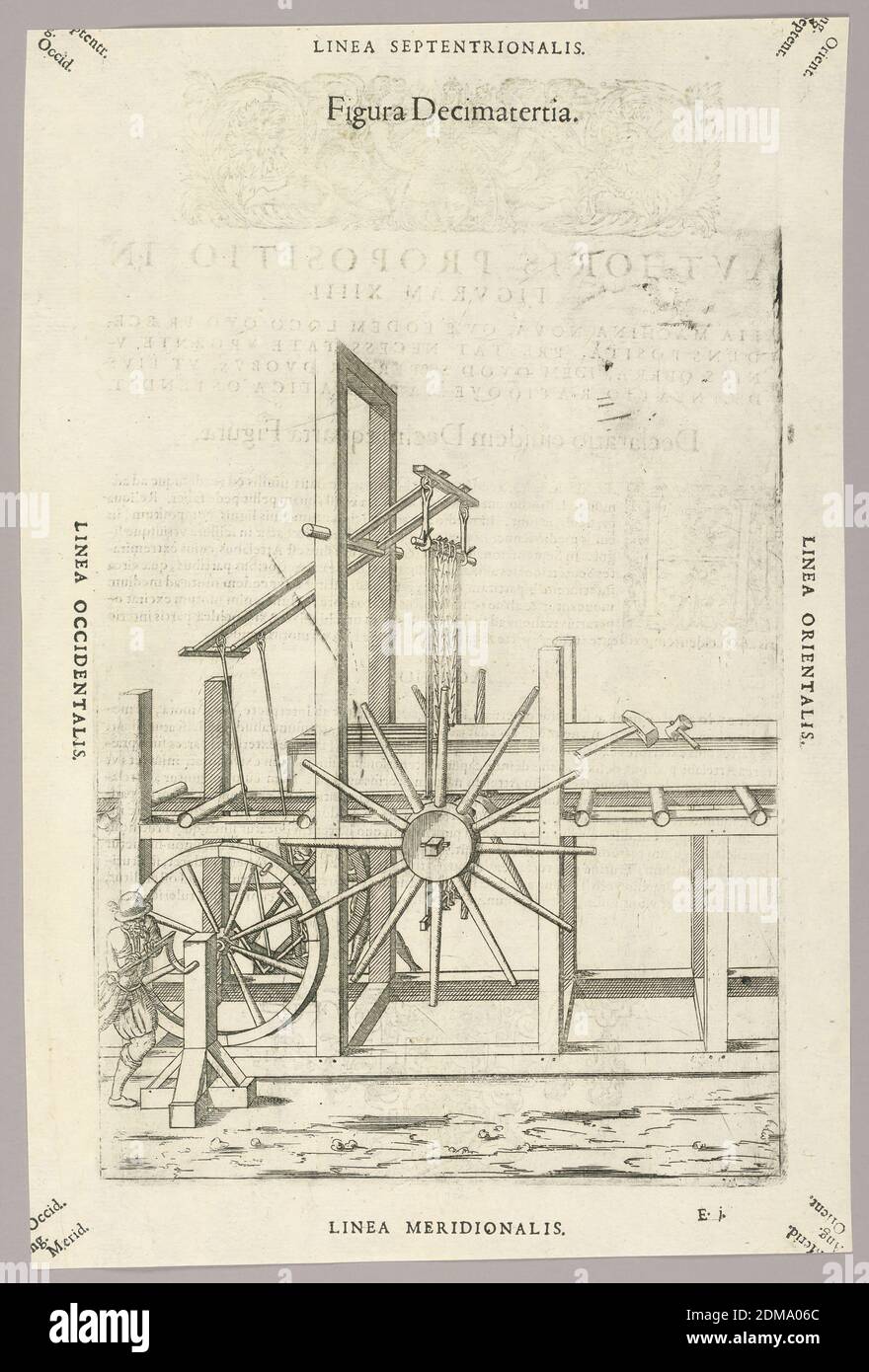 Plate XIII, from Theatrum instrumentorum et machinarum, Julio Paschale, Woodcut on paper, Wooden machine for slicing wood into planks or beams at which two men are turning wheels on an axel, rods connect it to an elevated treadle which moves toothed bands up and down through the wood. Spoked wheel, center, moves the wood up. Description in Latin on verso of 1949-152-210., Europe, 1582, Print Stock Photo