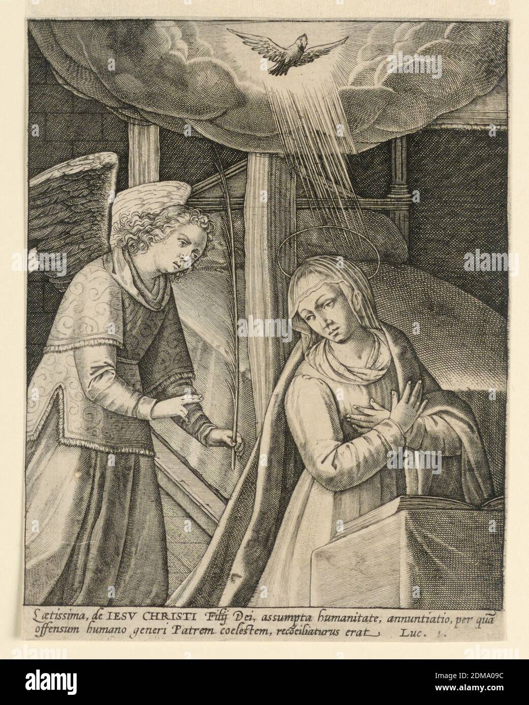 The Annunciation, Engraving on paper, The Virgin, kneeling at prayer before her bed, is approached by the Angle, left, and above, the dome of the Holy Spirit in a nimbus. Below, two-line verse from the Gospel of St. Luke in Latin., Netherlands, ca. 1575, Print Stock Photo