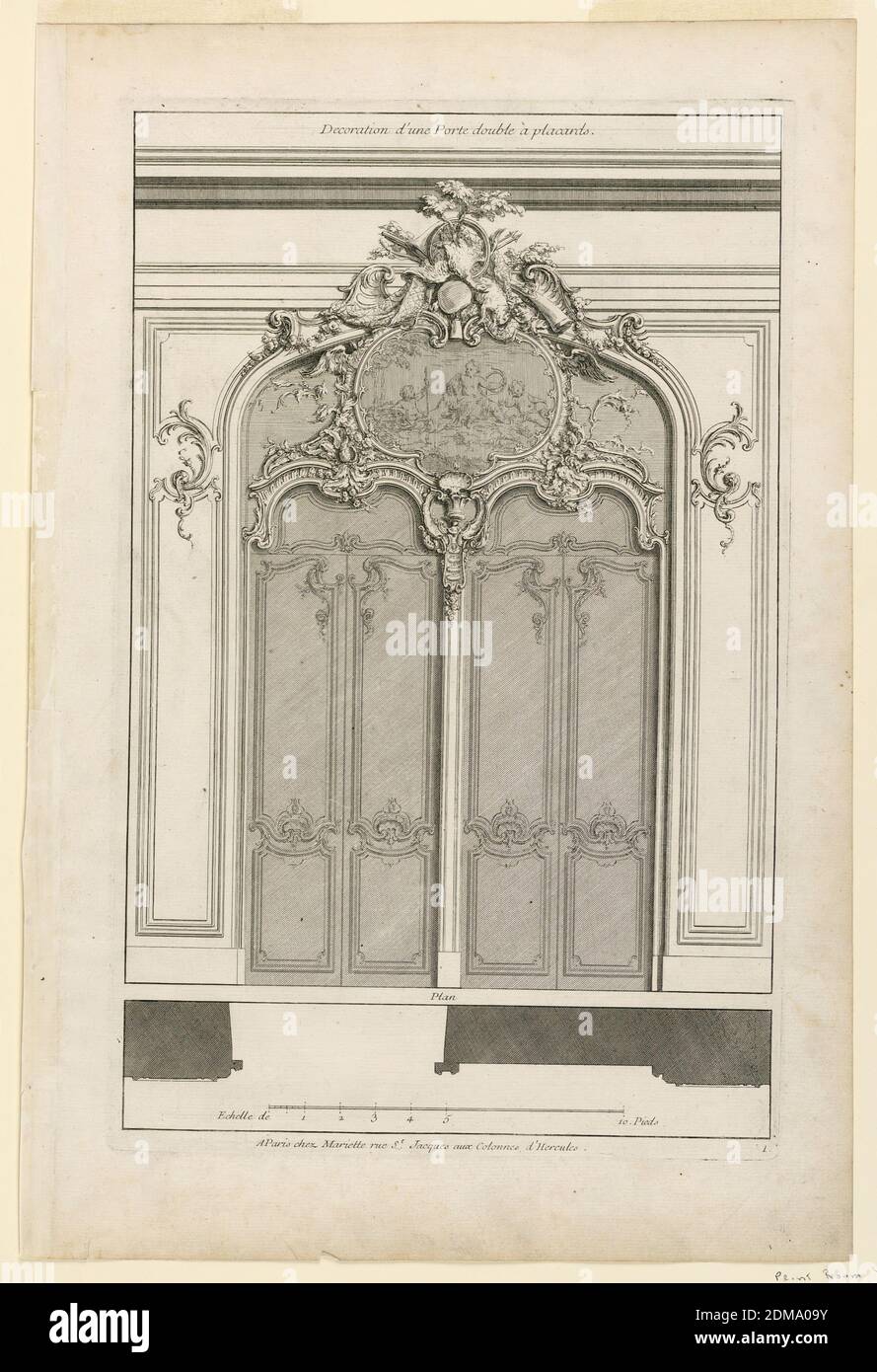 Plate 1 from a Set of 6, 'Decoration d'une porte double à placard', Jacques-François Blondel, French, 1705 - 1774, Jean Mariette, 1660–1742, Engraving on paper, Two double doors in a joint arch. Both doors decorated in upper part with rocaille volutes. The area above decorated jointly. In center, a painting depicting putti in landscape. Above it, extending the door frame, carved trophies of hunt. Below, profile of doors and scale. Inscribed along upper margin: 'title; lower right: '1'; along lower margin: 'A Paris chez Mariette rue St. Jacques aux Colonnes d'Hercule'., France, ca. 1727, Print Stock Photo