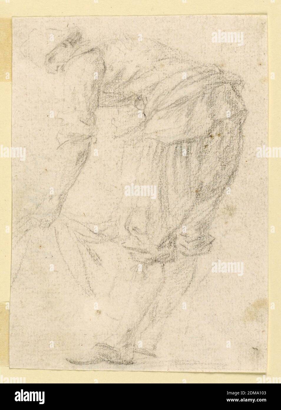 Standing Figure, Luigi Vanvitelli, Italian, 1700 – 1773, Black crayon on paper, A man faces left, bending at the waist and holding a cloth., Italy, 1700–1773, figures, Drawing Stock Photo
