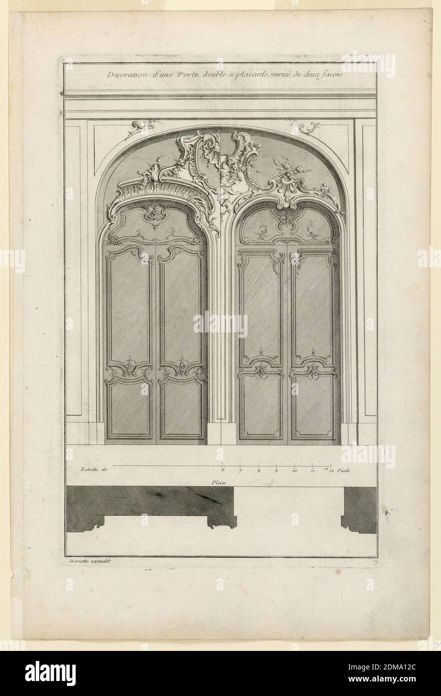 Plate 3, 'Decoration d'une Porte double à placards...', Jacques-François Blondel, French, 1705 - 1774, Jean Mariette, 1660–1742, Engraving on paper, Two double doors in a joint arch, both doors with different carving. Joint overdoor with alternate suggestions or rocaille volutes and flowers. Below, profiles. Inscribed along upper margin: 'Decoration d'une Porte double à placards, variée de deux facons'; lower left: 'mariette excudit'; lower right: '3'., France, ca. 1727, Print Stock Photo