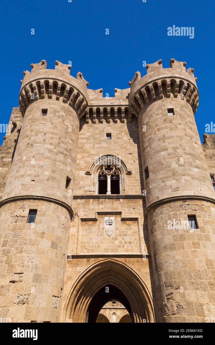 Rhodes, Greece, Grandmaster Palace architecture entry and towers Stock  Photo - Alamy