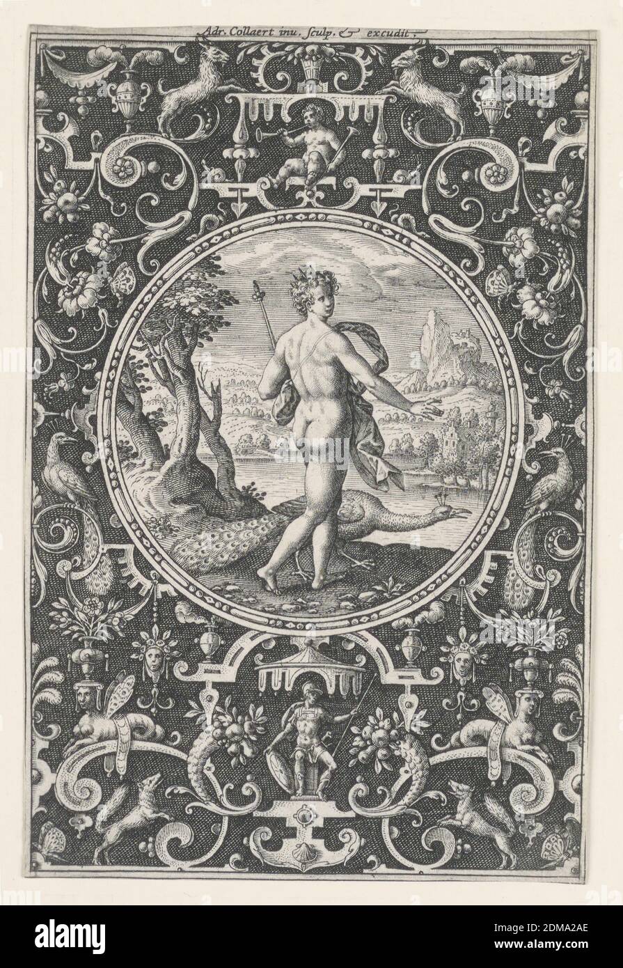 Juno, Plate 1, from the Judgement of Paris, Adriaen Collaert, Flemish, ca. 1560 – 1618, Engraving on off-white laid paper, Vertical panel with Juno in a landscape in a medallion at center. The figure, wearing a crown and holding a scepter, is seen from behind and looks back over his right shoulder. Surrounding the medallion, a dark background with grotesque ornament, including a soldier under a canopy at bottom center., Netherlands, ca. 1590, figures, Print Stock Photo