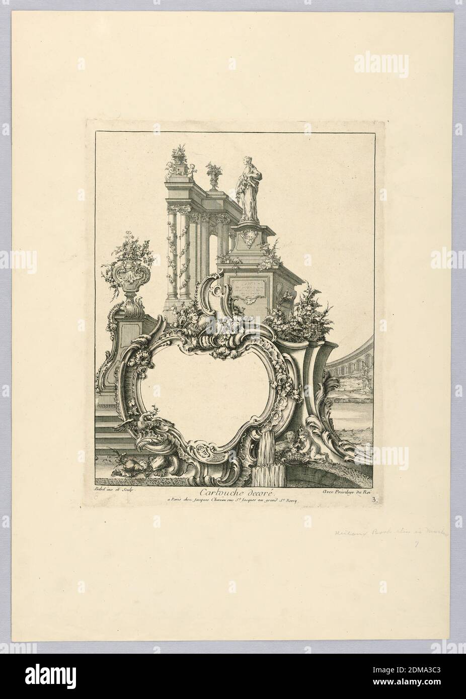 Decorated Cartouche with Classical Architecture, Pierre Edme Babel, French, ca. 1720-1775, Jacques Chéreau, French, 1688–1776, Engraving on paper, Decorated Cartouche with Classical Architecture., France, 1720–1775, Print Stock Photo
