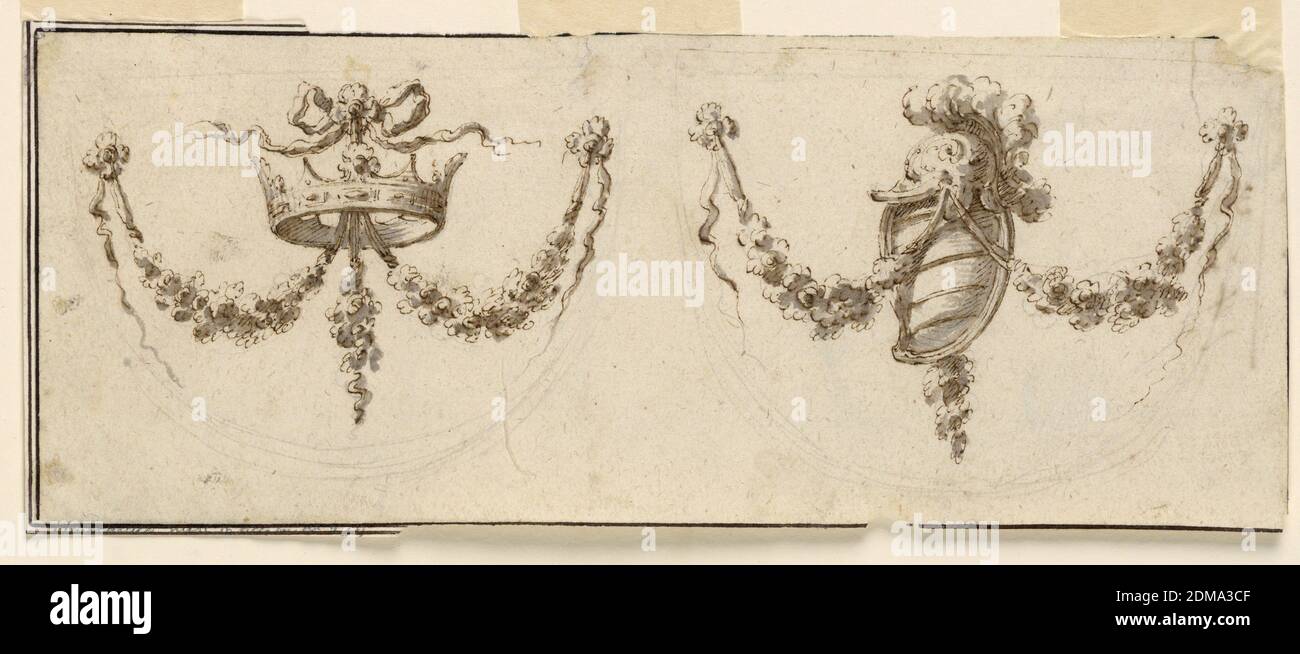 Two Designs for Festoons, Pen and brown ink, brush and grey wash, graphite framing lines on cream laid paper, Horizontal rectangle showing designs for two festoons. At left, a crown; at right, a helmet and shield. Verso: part of an accounting, ending with 14:8. Sketches with black crayon., Italy, 1775–1785, ornament, Drawing Stock Photo