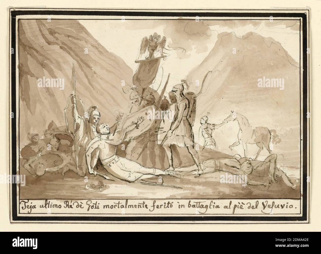 The death of King Teja, Pietro Narducci, Italian, active 1809 - 1841, Pencil, pen, ink, brush, brown watercolor on paper, Horizontal rectangle. The king lying upon the ground, supported by a soldier, raises his left artm with the shield. Corpses and soldiers are around him, one carrying a legionary eagle. Mountains, at right Vesuvius as a background. Frame, caption as -2358: 'Teja ultimo Rè dè Goti mortalmente ferito in battaglia al piè de Vesuvio.', Italy, ca. 1825–50, figures, Drawing Stock Photo