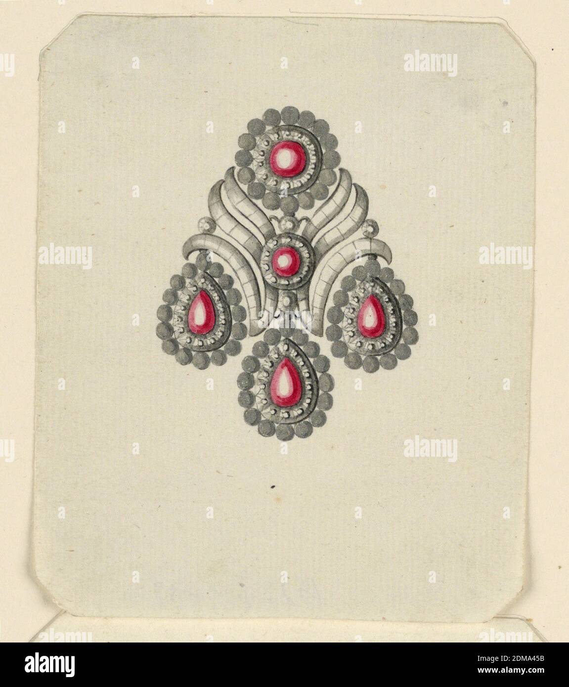 Design for an Earring, Pen and black ink, brush and red, gray watercolor, silver on paper, Jewelry design for an earring. Scheme is similar to 1938-88-842 but with a third leaf as filling the inside of the cornucopiae. The outsides of the frames of the disk and the drops have rows of balls. Bevelled corners., probably Naples, South Italy, Italy, late 18th century, jewelry, Drawing Stock Photo