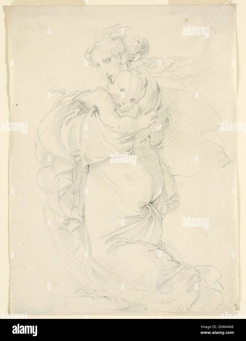 The Virgin and Child, Fortunato Duranti, Italian, 1787 - 1863, Graphite, impressed lines on paper, The Virgin walks toward the left, carrying the Child in her left arm., Rome, Italy, 1820–1850, Drawing Stock Photo
