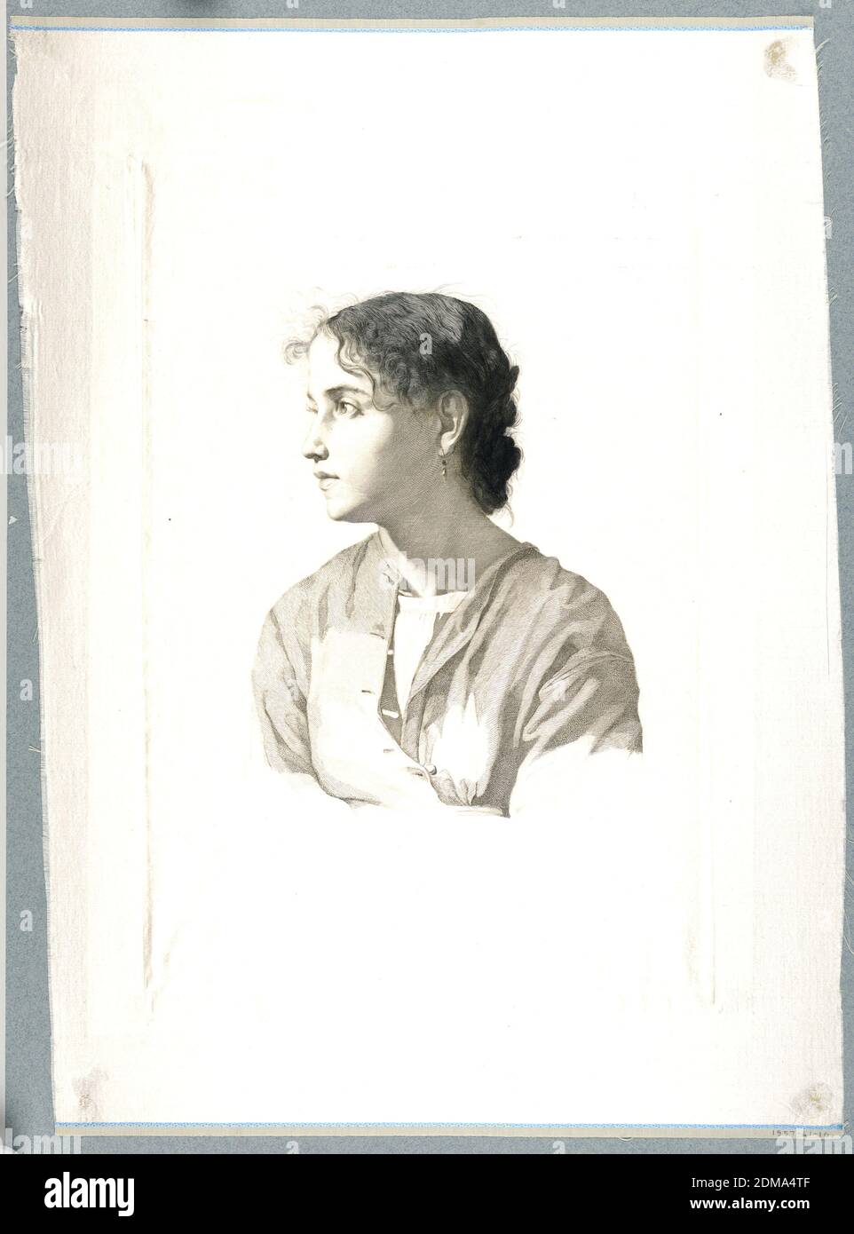 Marietta, Hans Meyer, German, active in Italy, 1846 - 1919, Etching in dark brown ink on white satin, Bust-length portrait of a young woman shown frontally, slightly turned to the left. She is looking left. Her dress is unbuttoned at the neck and she wears a pendant earring., Germany, 1871, Print Stock Photo