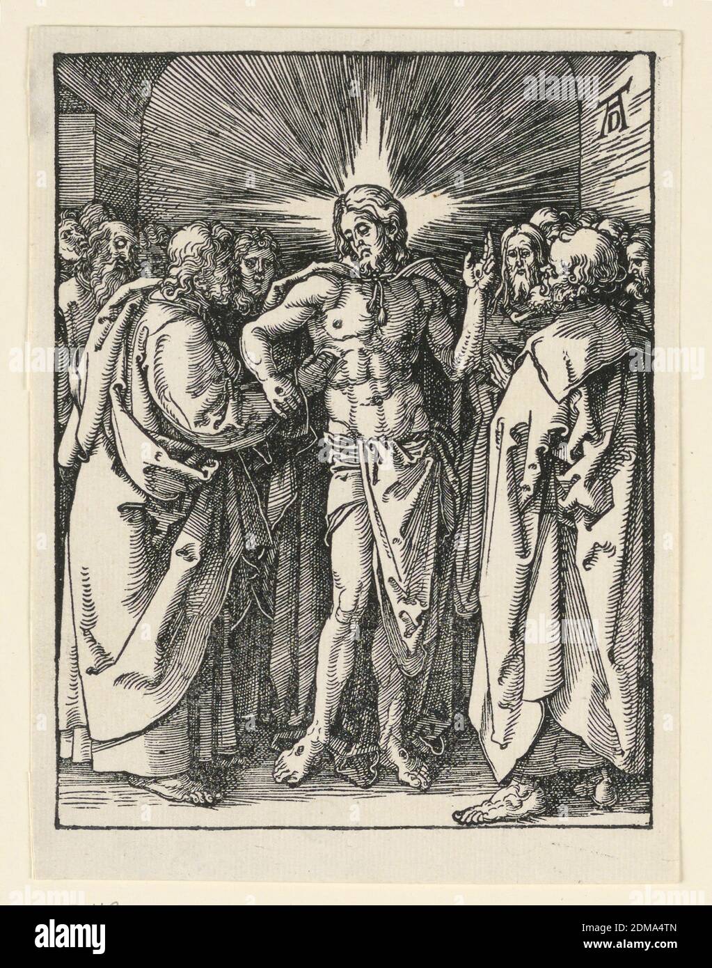 The Incredulity of Saint Thomas, from The Little Passion Series, Albrecht Dürer, German, 1471–1528, Woodcut on paper, Christ stands in the center of the composition, surrounded by the disciples. Saint Thomas places his fingers in the wound in the side of Christ, who supports this effort by steadying the Saint's wrist. Monogram of Dürer at upper right., Germany, ca. 1509–1511, Print Stock Photo
