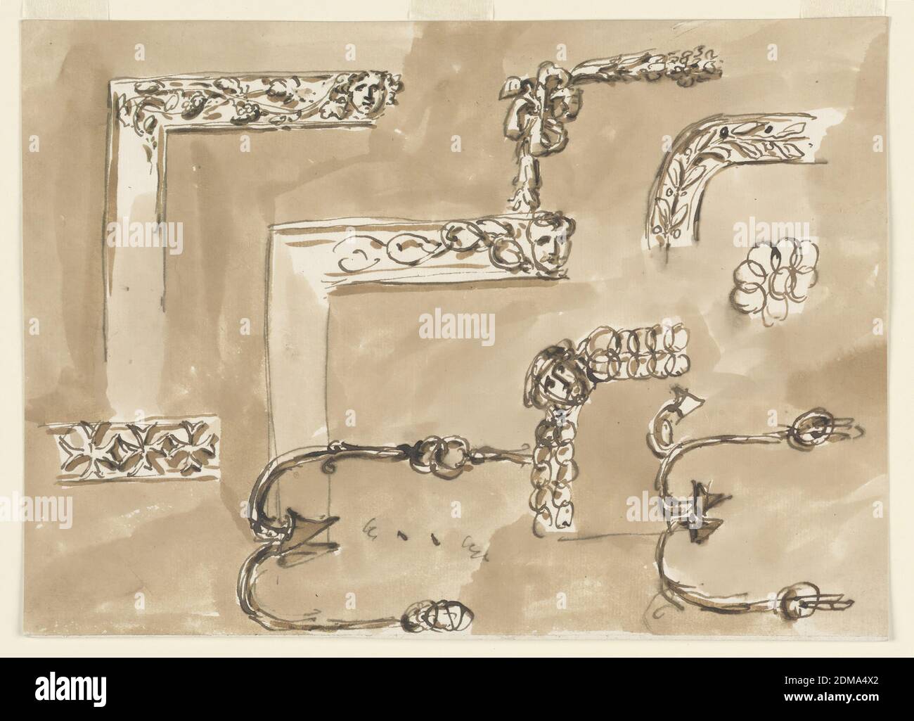 Metal frames for Purses, Giuseppe Barberi, Italian, 1746–1809, Pen and brown ink, brush and brown wash on lined off-white laid paper, Top row: a left top corner. From a band in the top center start intertwined vine stems. A left top corner: garlands fastened by a bow knot, in the corner. Left top part of a bow, decorated with a laurel bough. Second row: a left top corner decorated with a chain, starting from a man's head, in the top center. A rosette. Third row: fragment of a band with three Maltese crosses. A bow formed by chains which are connected in the corner of a head. Stock Photo
