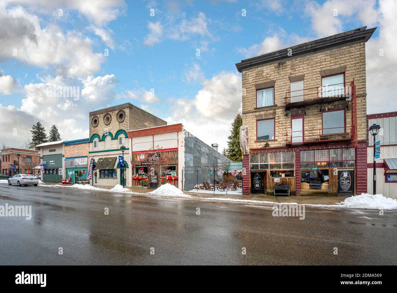 The main street of the historic small lumber town of Spirit Lake in the
