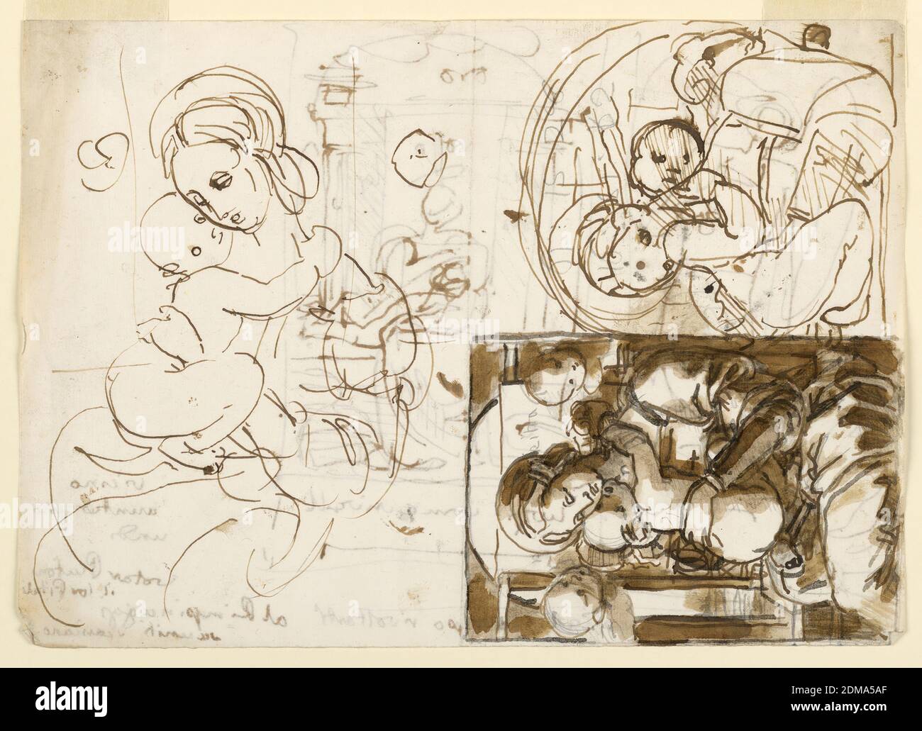 Sketches, The Virgin and Child, Fortunato Duranti, Italian, 1787 - 1863, Pen and ink, brush and sepia wash on paper, Various sketches of the Virgin and Child; that in lower right (perpendicular orientation) being the most complete. Architectural sketch on verso., Rome, Italy, 1820–1850, Drawing Stock Photo