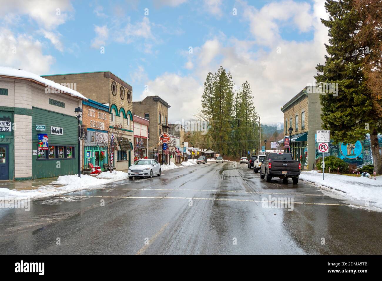The main street of the historic small lumber town of Spirit Lake in the mountains of North Idaho