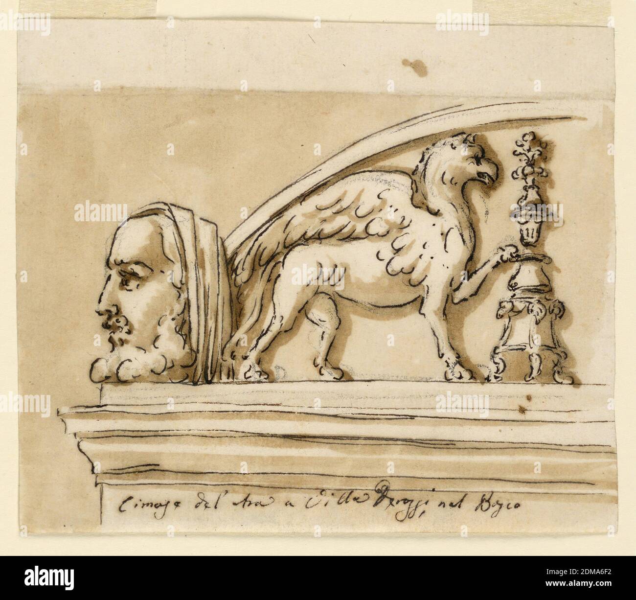 Cresting of an altar, Giuseppe Barberi, Italian, 1746–1809, Pen and brown ink, brush and brown wash, graphite on off-white laid paper, lined, The left side: above an entablature rises a panel framed by a segment. In it, beside a candelabrum, stands a griffin. In front of its left lower corner stands a bearded head as an acroterium. Caption below: 'Cimaze del'Ara a Villa Derossi nel Bosco'. At left, the background is colored., Rome, Italy, 1780–1790, architecture, Drawing Stock Photo