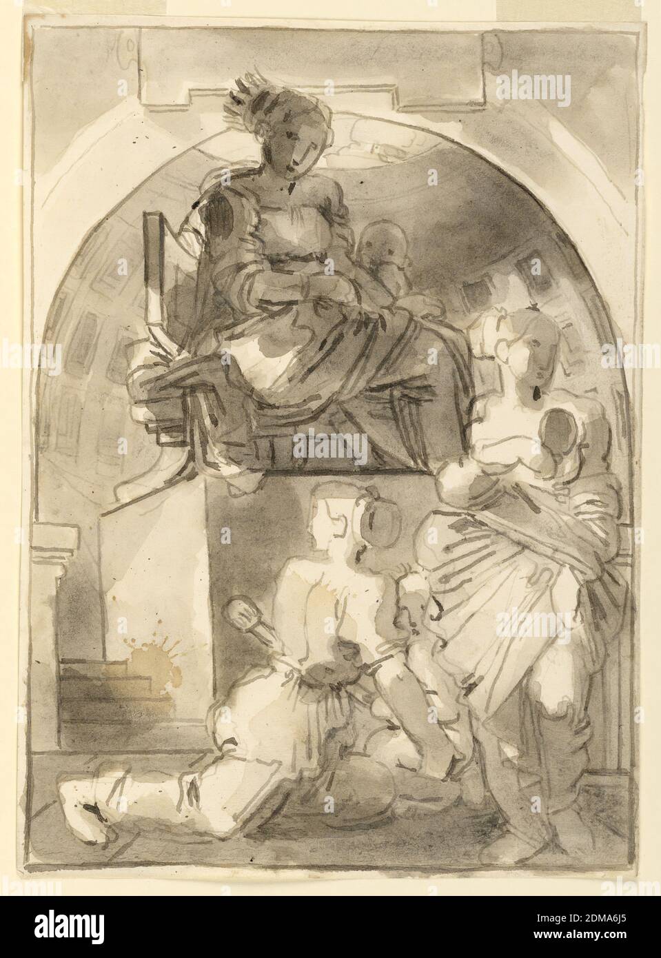 The Virgin and Child with Worshippers in Classical Interior, Fortunato Duranti, Italian, 1787 - 1863, Pen and ink, brush and wash on paper, The Virgin and Child enthroned with Worshippers in Classical Interior., Rome, Italy, 1820–1850, Drawing Stock Photo