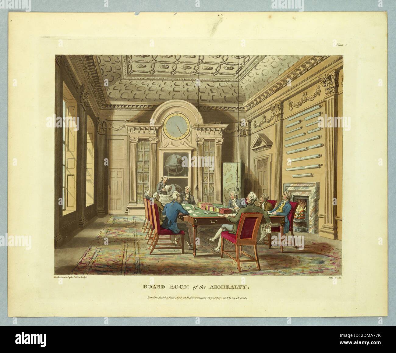 Board Room of the Admiralty, from 'Ackermann's Repository', Thomas Rowlandson, British, 1756–1827, Augustus Charles Pugin, French, active Great Britain, ca. 1762–1832, John Hill, British, active in the United States, 1770 - 1850, Aquatint, brush and watercolors on paper, Nine men about a cloth covered table, center, in a large room. Books, maps above the fireplace, right. Title, artists', and publisher's names below., Europe, London, England, 1808, Print Stock Photo