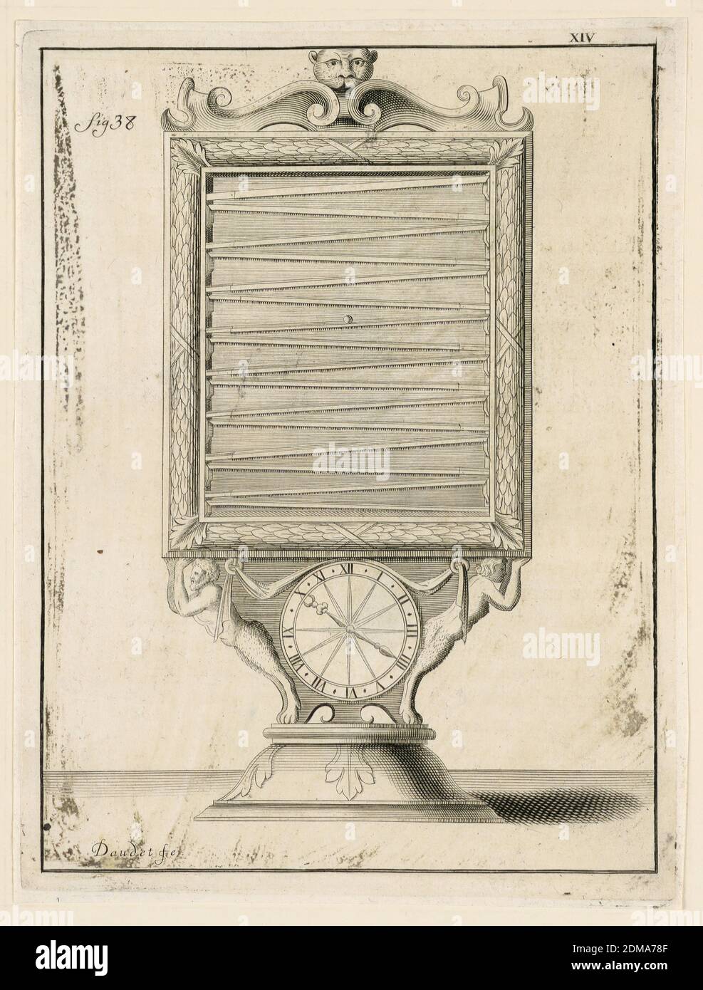 Design For a Clock, pl. XIV from 'Recueil d'Ouvrages Curieux de Mathematique et de Mecanique, ou Description du Cabinet', Gaspard Grollier de Seviere II, French, 1677 - 1745, Engraving on paper, France, 1719, Print Stock Photo