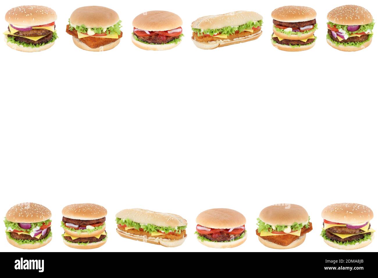 Hamburger Cheeseburger Fast Food Textfreiraum Copyspace vor einem weissen Hintergrund Stock Photo