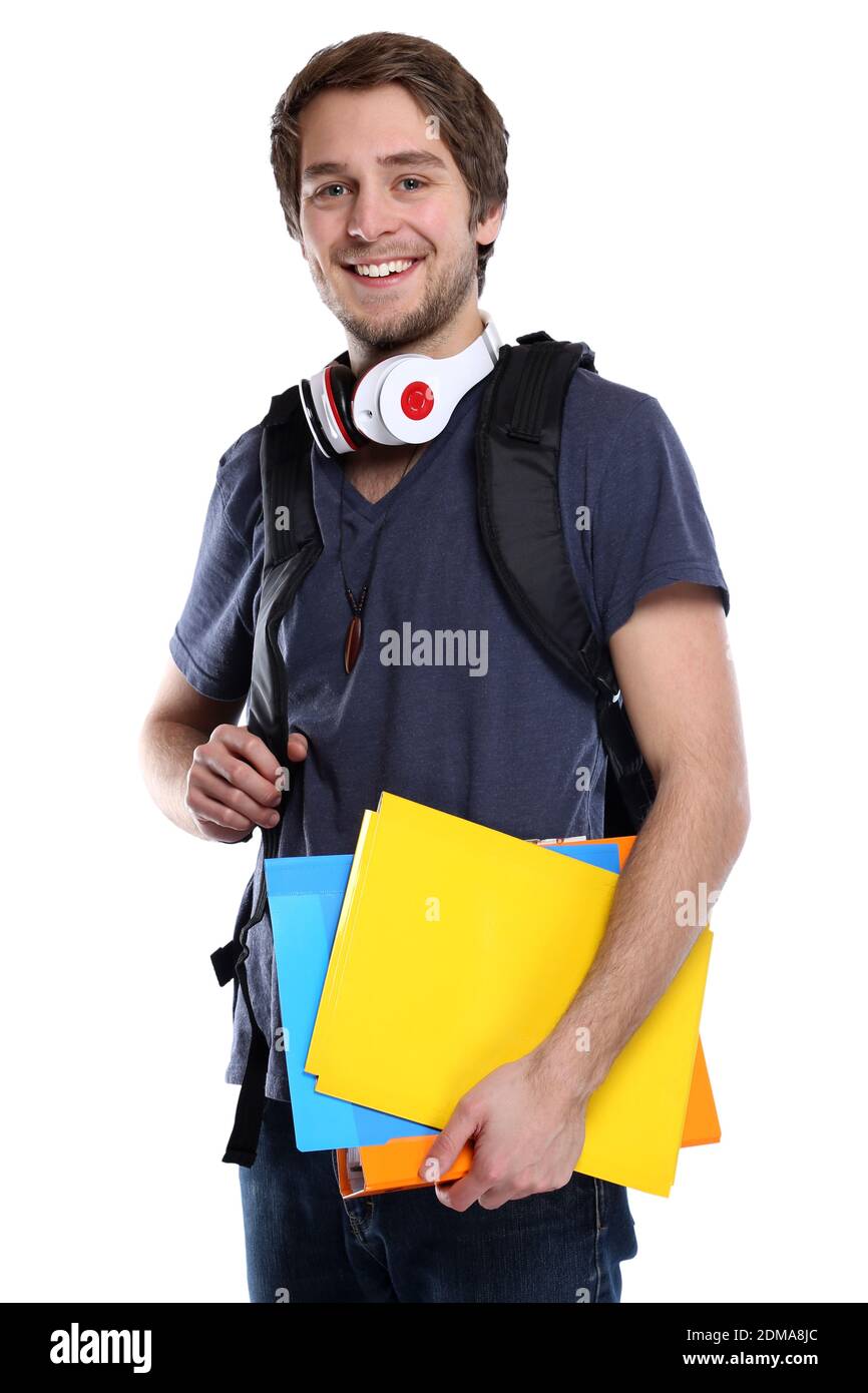 Student junger Mann jung lachen Jugendlicher Freisteller freigestellt auf weissem Hintergrund Stock Photo