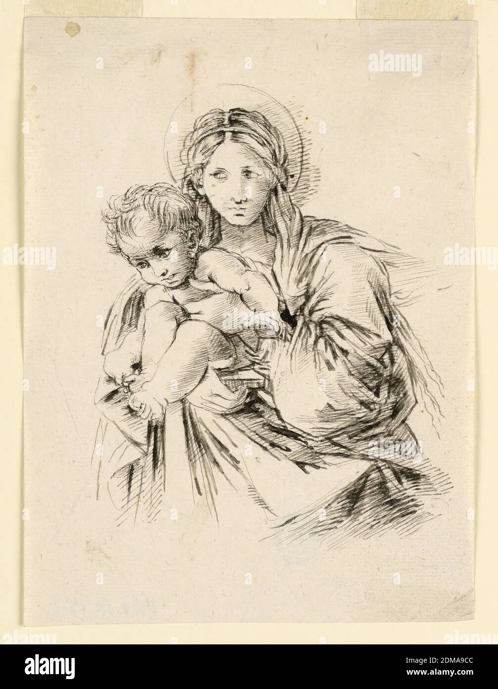 The Virgin with the Child, Fortunato Duranti, Italian, 1787 - 1863, Pen and ink, brush and dark brown watercolor on paper, The halffigure of the Virgin is seen frontally, supporting the back of the Child. He is bending downwards, somewhat to the left., Rome, Italy, 1820-1850, Drawing Stock Photo