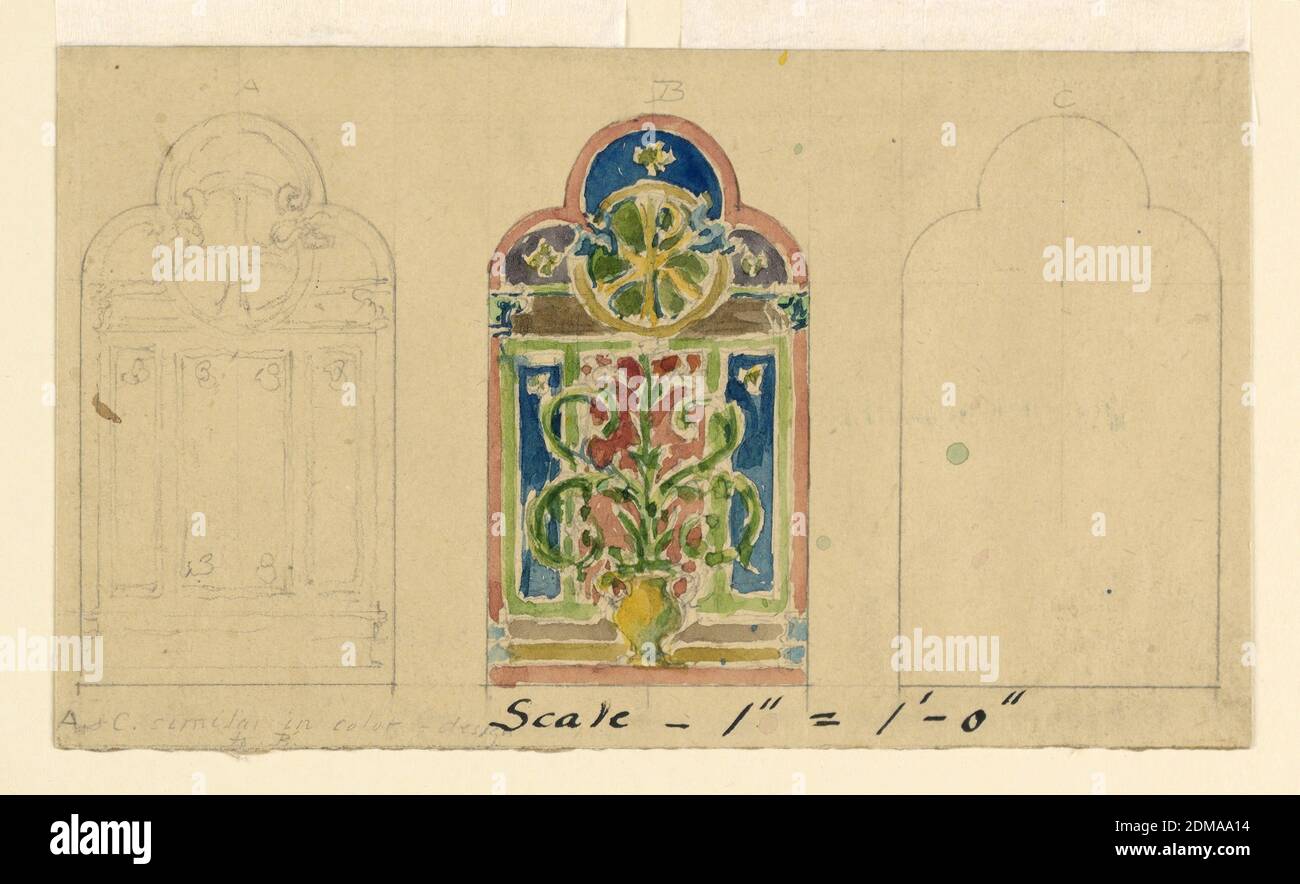 Designs for Memorial Plaques, John La Farge, American, 1835–1910, Graphite and watercolor on paper, Three projects for trefoil arched memorial plaques. Center (B) completed, shows a tree-of-life motif; left (A) in graphite only, showing three vertical panels; right (C) blank, showing outline only., USA, 1880–1900, architecture, interiors, Drawing Stock Photo