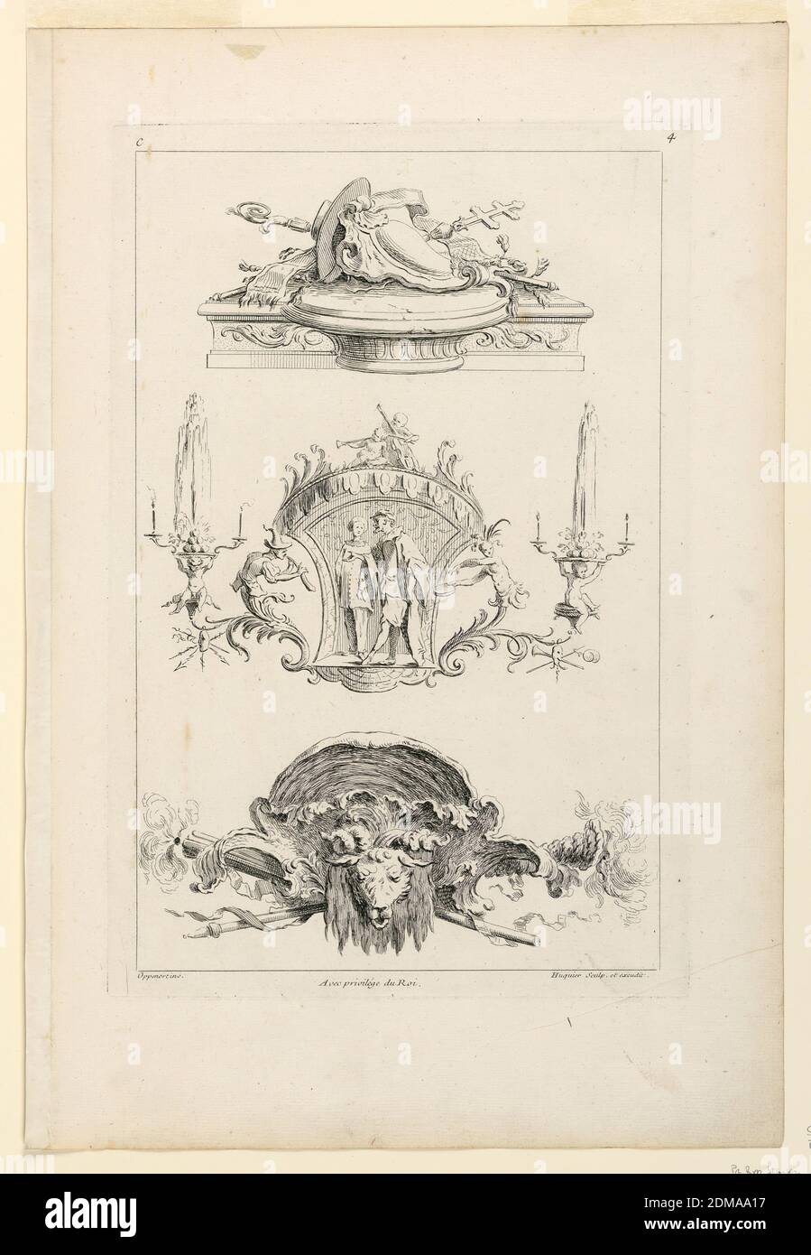 Page Four from 'Toisieme Livre Contenant Des Frises ou Paneaux en Longueur Inventés Par G. M. Oppenort Architecte du Roi et Gravés par Huquier', Gilles-Marie Oppenord, French, 1672–1742, Gabriel Huquier, French, 1695–1772, Etching on paper, Three ornamental compositions. First (upper): a console with fanciful arrangement of hats, etc. In middle: actors from an Italian comedy in an arabesque design. Third: head of a ram set against a shell. Inscribed, upper left: 'C'; upper right: '4'; lower left: 'Oppenort inv.'; center: 'Avec privilege du Roi'; lower right: 'Huquier sculp. et excudit Stock Photo