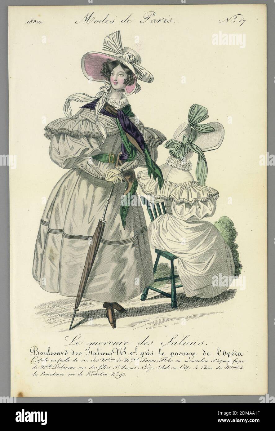 Fashion Plate from Le Mercure des Salons, Modes de Paris, Wood engraving, brush and watercolor on paper, Two women in walking dresses. One stands left, wearing a gray dress and pink lined bonnet, and holding an umbrella. The other, in white, sits right. Title above and below., Paris, France, 1830, Print Stock Photo