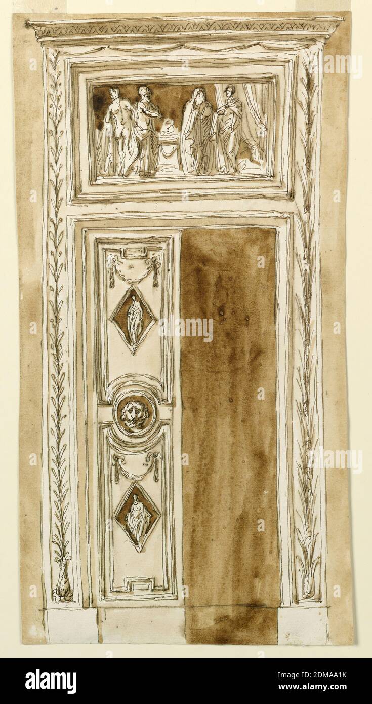 Design for a Double Door with Overdoor, Giuseppe Barberi, Italian, 1746–1809, Pen and brown ink, brush and brown wash, With the left door folding. It is divided into panels and a central horizontal band, and a circle with a lion mask. The panels have above a festoon and in the center a lozenge, with the figure of a standing woman. The overdoor shows a representation of probably the preparation of the sacrificing of Iphigenia. The frame is decorated with a stem, at left, rising from an acanthus blossom; at right with palm branches springing from a calyx. On top are the cornices Stock Photo