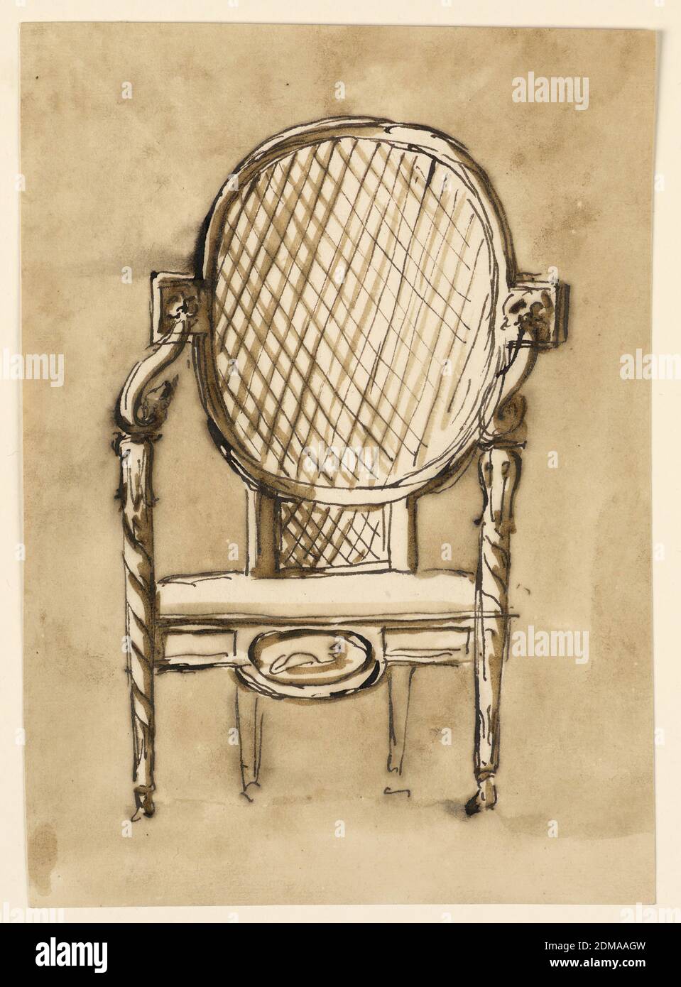 Chair, Giuseppe Barberi, Italian, 1746–1809, Pen and brown ink, brush and brown wash on off-white laid paper, Seen from the front. The front legs are a kind of twisted column which supports the lower ends of the arm. The frame of the seat about in the center of the leg. It has in the center of the front an oval medallion with the figure of a woman, recumbent. The upper part of the back is a curved oval supported by a shorter panel, both with straw plaiting. The oval has in the center of the sides two angular handles with a mask from which the arm springs. The back legs stand narrower together Stock Photo