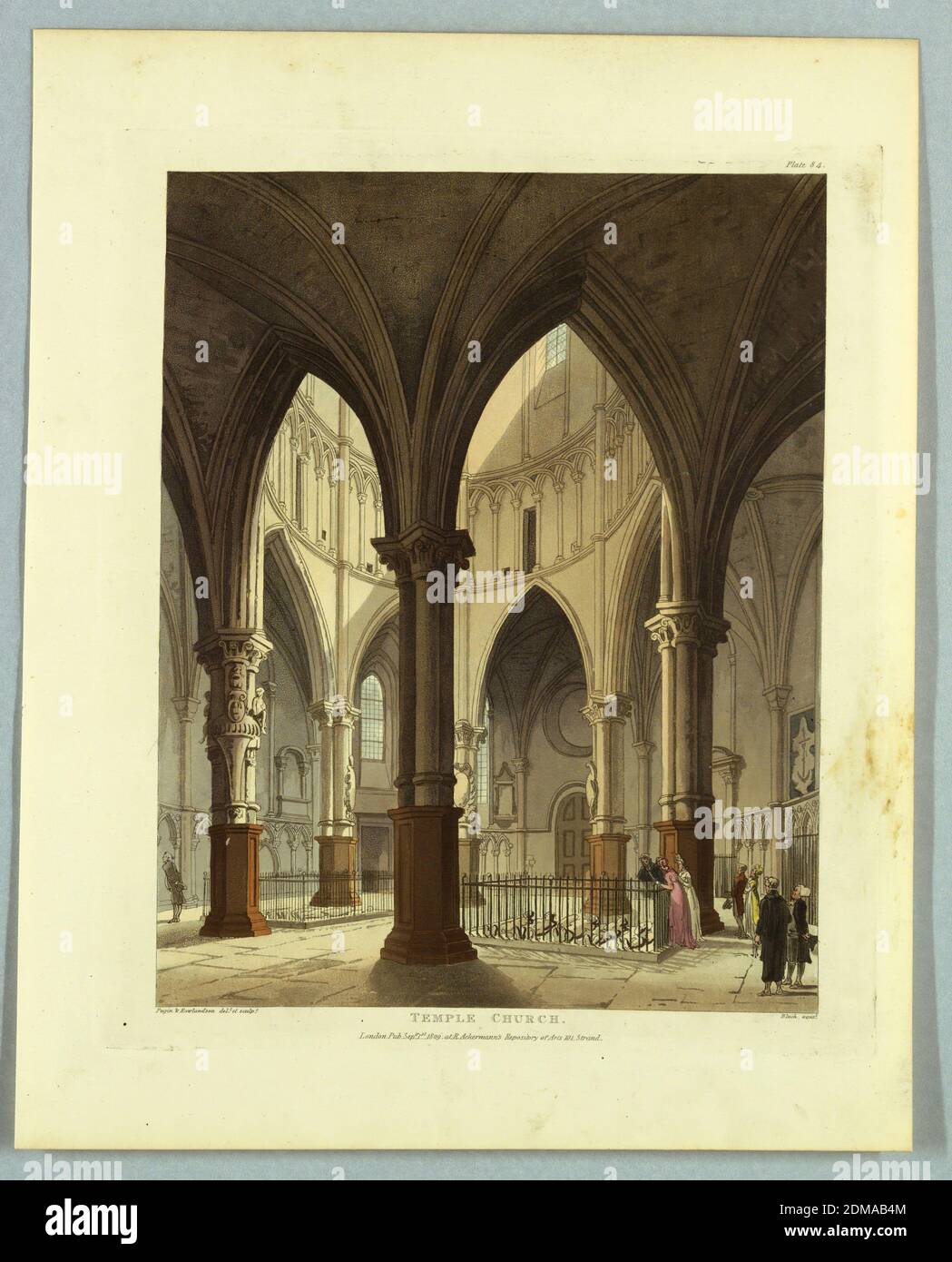 Temple Church, from 'Ackermann's Repository', Thomas Rowlandson, British, 1756–1827, Augustus Charles Pugin, French, active Great Britain, ca. 1762–1832, John Bluck, British, 1791–1832, Aquatint, brush and watercolor on paper, Interior of an early Gothic church. A few men and women sightseeing. Three look over a fenc at funerary statues on the floor. Title, artists', and publisher's names below., Europe, London, England, 1809, Print Stock Photo