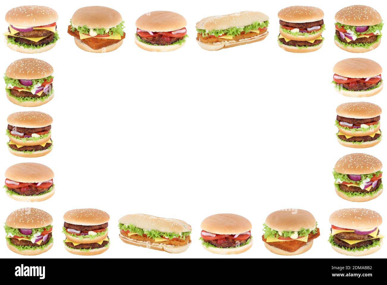 Hamburger Cheeseburger Fast Food Rahmen Textfreiraum Copyspace vor einem weissen Hintergrund Stock Photo