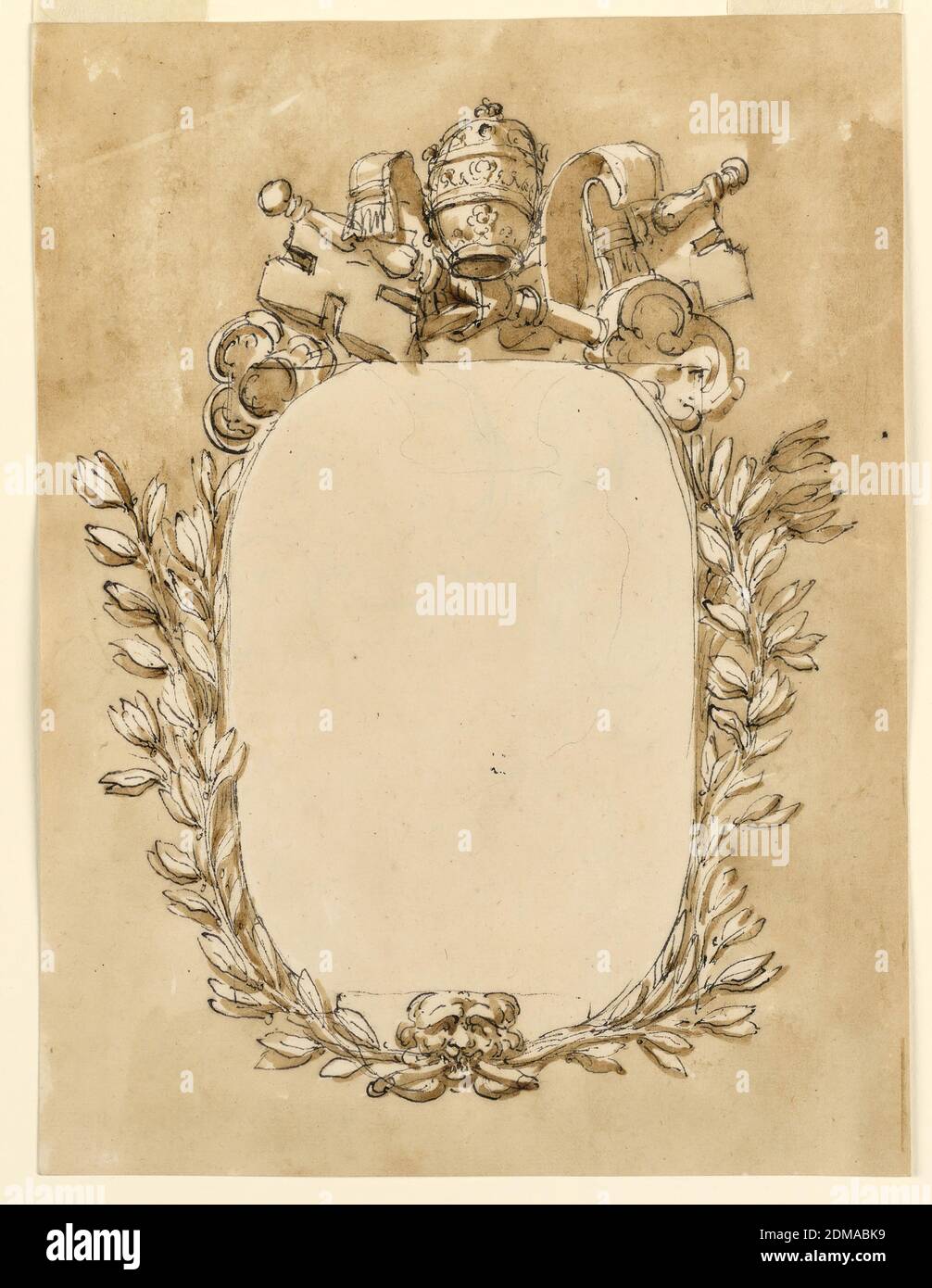 Frame for a papal inscription, Giuseppe Barberi, Italian, 1746–1809, Pen and brown ink, brush and brown wash, graphite on off-white laid paper, lined, The oval tablet is framed by crossed stems springing from the mouth of a mask below. Above are the crossed keys and the tiara. Slight sketching in the tablet. Usual background., Rome, Italy, 1780–1800, architecture, Drawing Stock Photo