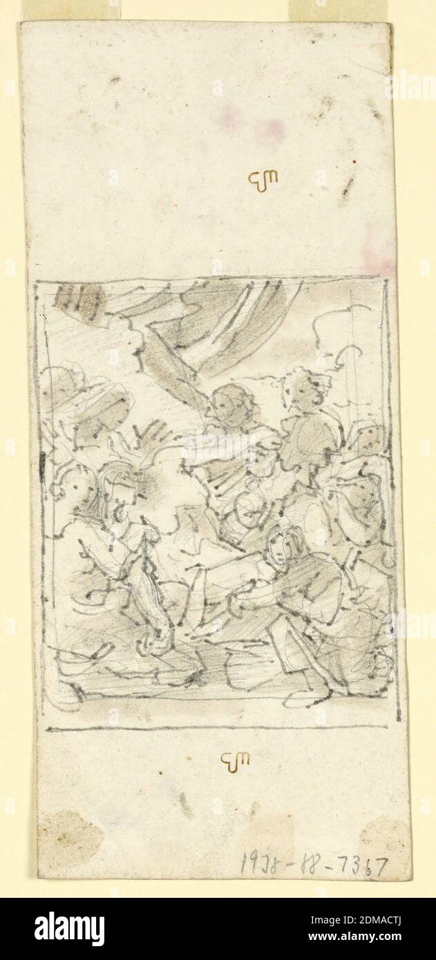 Figures Mourning Over the Dead Christ, Fortunato Duranti, Italian, 1787 - 1863, Pen and grey ink, brush and pale brown wash on paper, A group of figures mourns over the dead Christ. In framing line. Verso: Two heads of satyrs, one seen in right profile, and the other frontally., Rome, Italy, 1820-1850, Drawing Stock Photo