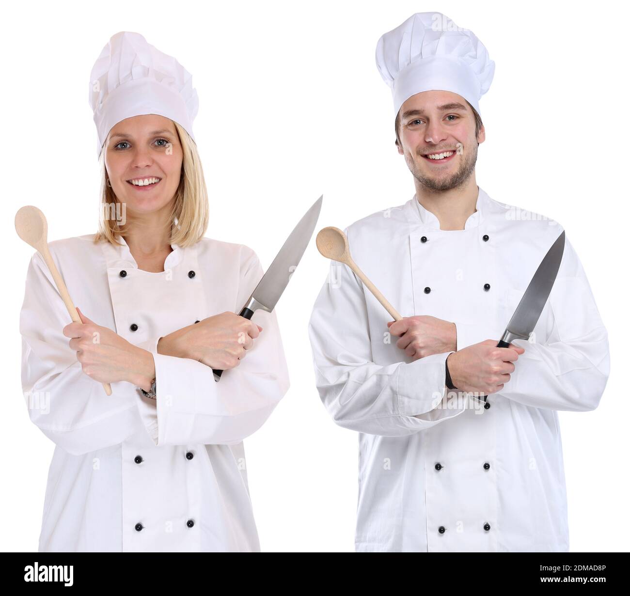 Koch Köche jung Azubi Azubis Ausbildung Auszubildender kochen Beruf Freisteller freigestellt vor einem weissen Hintergrund Stock Photo