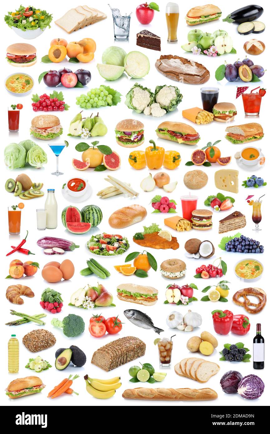 Sammlung Collage Essen und trinken gesunde Ernährung Obst Gemüse Früchte Lebensmittel Freisteller freigestellt isoliert Stock Photo