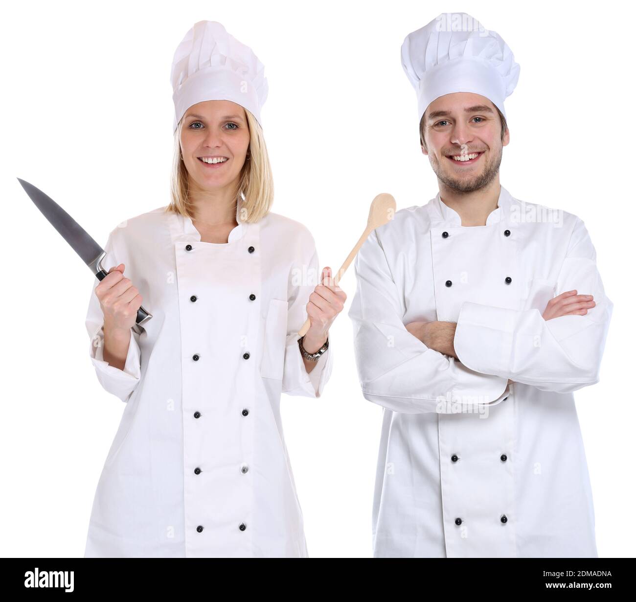 Koch Köche jung Azubi Azubis Ausbildung Auszubildender Messer kochen Beruf Freisteller freigestellt vor einem weissen Hintergrund Stock Photo