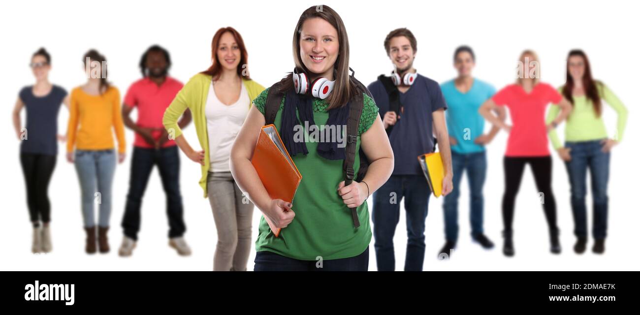 Studenten Gruppe lachen glücklich Leute Menschen People Jugendliche Freisteller freigestellt auf weissem Hintergrund Stock Photo