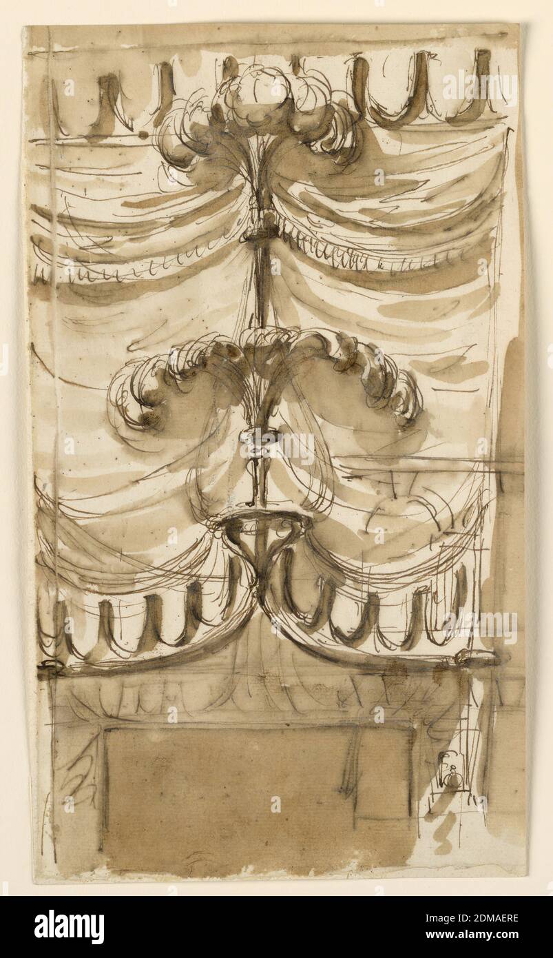Design for Drapery Over Door or Bed, Giuseppe Barberi, Italian, 1746–1809, Pen and brown ink, brush and brown wash on off-white laid paper, lined, Below is the upper part of a doorframe. The drapery has above and below lambrequins and friezes near the upper edge. The doorframe is pointed in the middle; from there rises a kind of candelabrum with feathers below and on top. There is a suggestion to replace the candelabrum by a bottle-like vase from which the feathers on top rise. Overdrawn are architectural pen sketches, one of them with an arch; another is perhaps the plan of an alcove., Rome Stock Photo