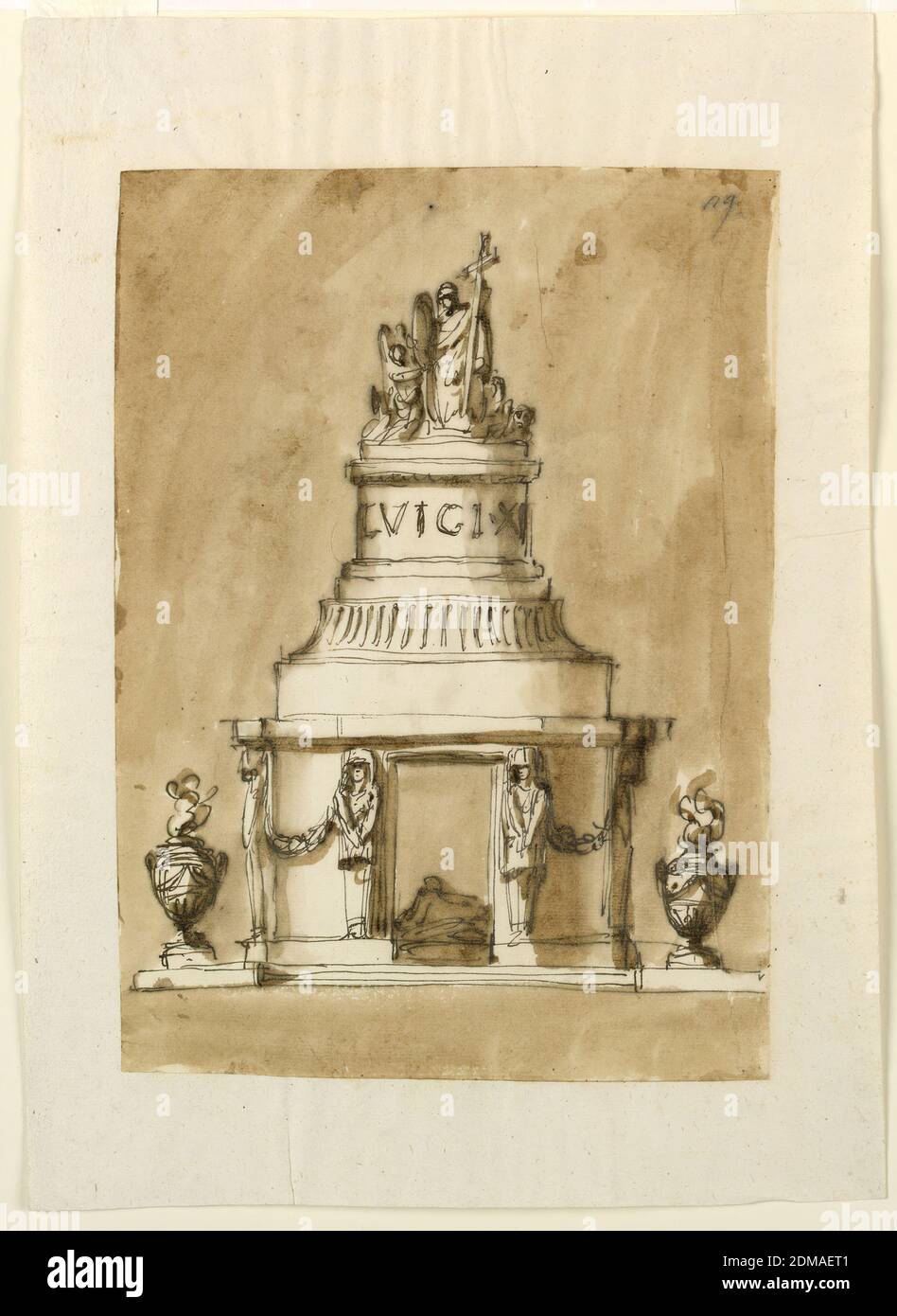Design for a Monument of King Louis XVI of France, Giuseppe Barberi, Italian, 1746–1809, Pen and brown ink, brush and brown wash on lined off-white laid paper, A variation of 1936-88-1327. The lower part of the structure has an octagonal plan, the oblique sides being convex and the outside corners being bevelled with the outside gaines standing obliquely. The gaines have above the clothed upper parts of the bodies of women. The height is stressed., Rome, Italy, ca. 1795, architecture, Drawing Stock Photo