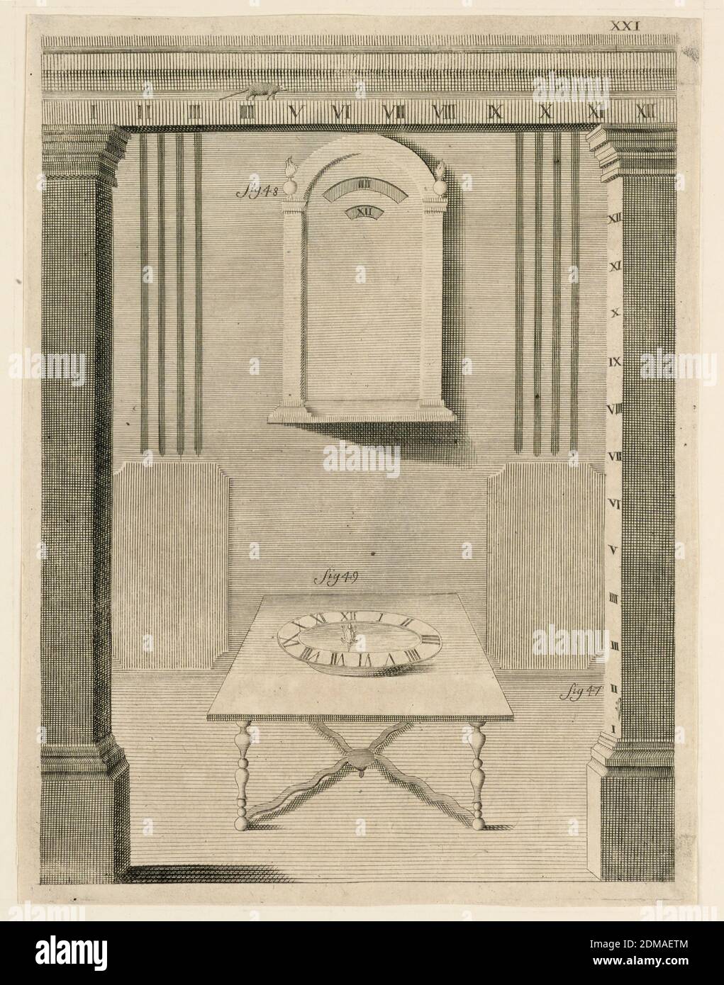 Design For a Clock, pl. XXI from 'Recueil d'Ouvrages Curieux de Mathematique et de Mecanique, ou Description du Cabinet', Gaspard Grollier de Seviere II, French, 1677 - 1745, Engraving on paper, France, 1719, Print Stock Photo